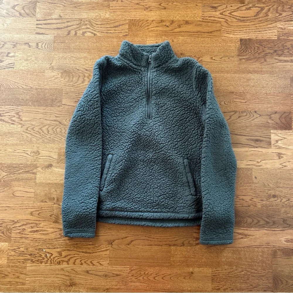 Abercrombie Women Sherpa Fleece 1/4 Zip Pullover S Soft Pocket Olive Green Army - Picture 2 of 7